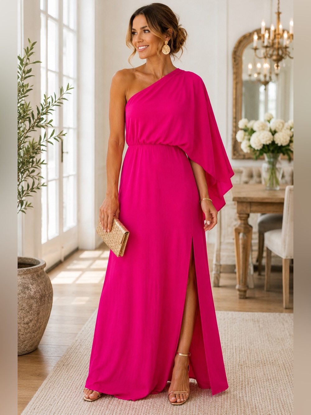 Vici One-Shoulder Fuchsia Pink Maxi Dress